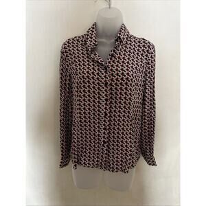 Meredith Banzhoff‎ Long Sleeve Button Down Red Black Geometric Collared Blouse